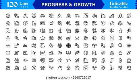Conjunto de iconos de línea de progreso y crecimiento de Profesional, Colección de iconos vectoriales minimalistas modernos con conceptos de desarrollo empresarial, éxito y mejora para el Uso digital