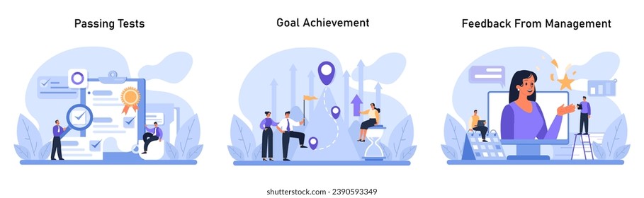 Professional Progress set. Employees excel in tasks, reach career objectives, and receive commendations. Passing tests, goal achievement, and feedback from management. Flat vector illustration.