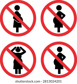 Professional prohibition warning sign set featuring pregnant woman symbols with red no entry circles in multiple vector designs. Ideal for safety signage, restricted areas, workplace regulations, healthcare facilities, industrial environments, and public information materials.