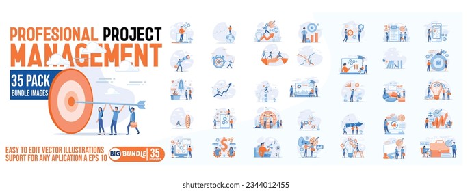 Professional project management concept illustration, collection of male and female business people scenes in the professional project management scene. mega set flat vector modern illustration