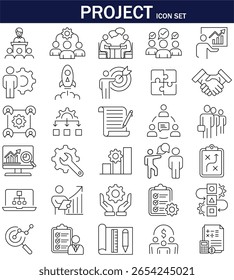 Conjunto de ícones de gerenciamento de projeto profissional. Inclui trabalho em equipe, planejamento, estratégia, sucesso, análise e ícones de fluxo de trabalho. Perfeito para negócios, apresentação e web design.