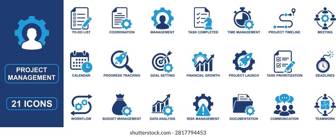 Professional project management solid icon set featuring collaboration, workflow, to-do list, deadlines, time management, project timeline, goal setting, budgeting, communication, teamwork, task prioritization, documentation, scheduling, progress tracking, and planning symbols. Perfect for business and productivity projects.