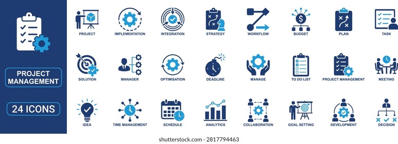 Professional project management solid icon set featuring planning, time management, workflow, budgeting, strategy, task organization, collaboration, scheduling, analytics, deadlines, goal setting, meetings, optimization, and business process symbols. Ideal for corporate, productivity, PM, and office projects.
