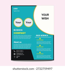 Professional Promotional Flyer Layout for Visual Advertising. A professional promotional flyer layout designed for visual advertising and information sharing. The structure includes organized sections for text, imagery, and key details. Suitable for posters, printed flyers, and digital campaigns. The design supports easy customization while keeping a polished appearance.

Business company flyer template with teal and white design elements and placeholder text for company information and services offered