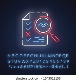 Professional proofreading service neon light icon. Text editing, mistake correction. Document quality control. Glowing sign with alphabet, numbers and symbols. Vector isolated illustration