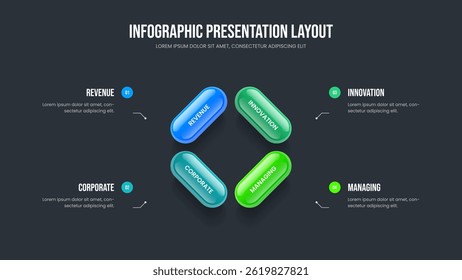 Professional Proposal Slideshow Design Vector Illustration. Service Plan Four Option Diagram Presentation Template. Investor Solution 4 Element Infographic Slide Layout.