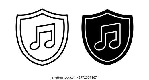 Professional protection icon with shield and music note symbol representing audio entertainment sound secure system media safety protection and reliable listening environment
