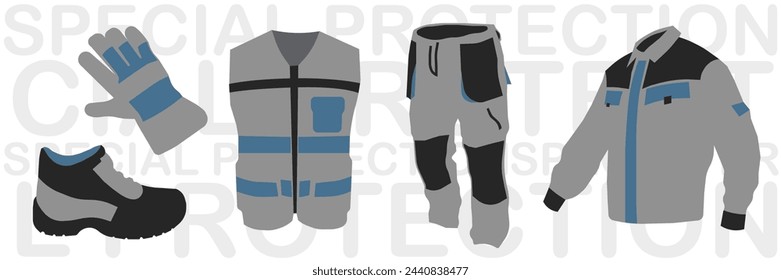 Professional protective clothing, boots. Working form. Protection. EPS 10.