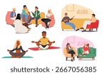 Professional psychological group, mindfulness practice for teenager mental health cartoon set. Supportive consultation at psychotherapy session, breathing technics for adolescence vector illustration