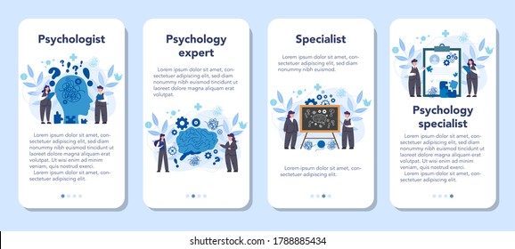 Professional psychologist mobile application banner set. Therapist giving professional treatment. Mental health support. Problem with mind. Vector illustration