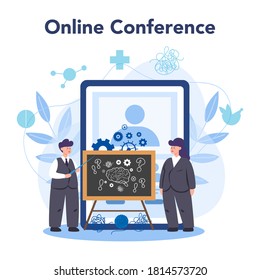 Professional psychologist online service or platform. Therapist giving professional treatment. Online conference. Mental health support. Vector illustration