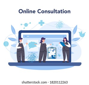 Professional psychologist online service or platform. Therapist giving professional treatment. Online consultation. Mental health support. Vector illustration