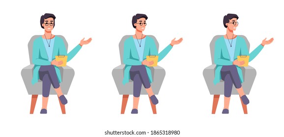 Professional psychologist sitting in chair and speaking. Isolated set of characters smiling and talking to patient. Psychological support and help of specialist, assistance in mental recovery vector