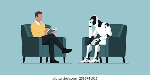 Professional psychologist talking with a depressed AI robot, artificial psychology concept