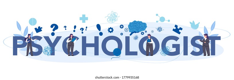 Professional psychologist typographic header concept. Therapist giving professional treatment. Mental health support. Problem with mind. Vector illustration