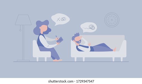 Professional psychologist woman performing emotional therapy on a young man. Therapy session for the treatment of stress, addictions and mental problems. Psychotherapy. Vector design. Flat design.