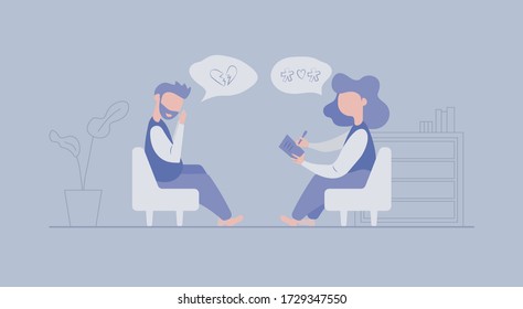 Professional psychologist woman performing emotional therapy on a young boy. Therapy session for the treatment of stress, addictions and mental problems. Psychotherapy. Vector design. Flat design.
