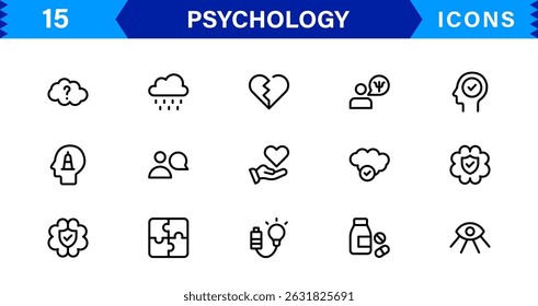 Professional Psychology Icon Set Featuring Mental Health, Therapy, Brain, Emotion, and Cognitive Elements in Clean Minimal Vector Illustration Style