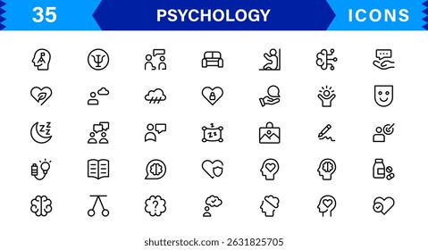 Professional Psychology Icon Set Featuring Mental Health, Therapy, Brain, Emotion, and Cognitive Elements in Clean Minimal Vector Illustration Style