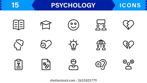 Professional Psychology Icon Set Featuring Mental Health, Therapy, Brain, Emotion, and Cognitive Elements in Clean Minimal Vector Illustration Style