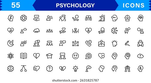 Professional Psychology Icon Set Featuring Mental Health, Therapy, Brain, Emotion, and Cognitive Elements in Clean Minimal Vector Illustration Style