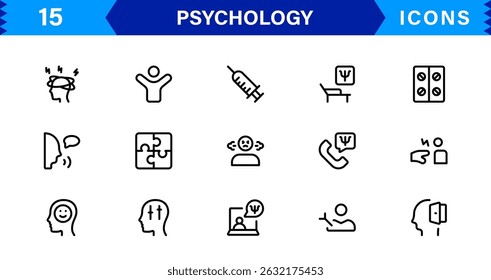 Professional Psychology Icon Set Featuring Mental Health, Therapy, Brain, Emotion, and Cognitive Elements in Clean Minimal Vector Illustration Style