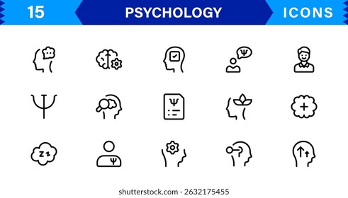 Professional Psychology Icon Set Featuring Mental Health, Therapy, Brain, Emotion, and Cognitive Elements in Clean Minimal Vector Illustration Style