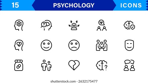 Conjunto de íconos de psicología del Profesional con salud mental, terapia, cerebro, emoción y Elementos cognitivos en un estilo de Ilustración vectorial mínima y limpia