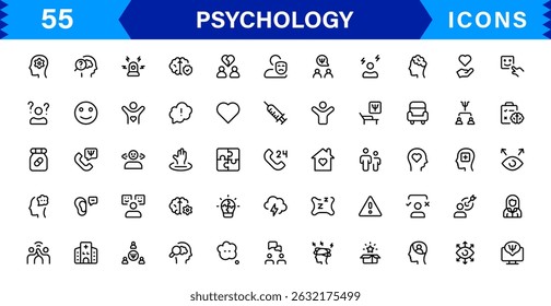Professional Psychology Icon Set Featuring Mental Health, Therapy, Brain, Emotion, and Cognitive Elements in Clean Minimal Vector Illustration Style