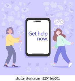 Professional psychotherapist helping a girl via mobile app. Woman with mental issues, depression and anxiety gets help. Banner in flat style about counseling psychology
