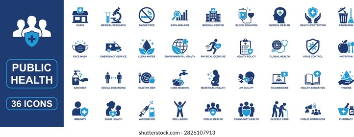 Professional public health solid icon set featuring community care, disease prevention, vaccination, patient safety, hygiene, global health, telemedicine, nutrition, environmental health, virus control, emergency care, maternal health, and wellness. Ideal for healthcare apps, hospitals, websites, reports, and medical presentations.
