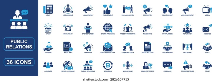 Professional public relations solid icon set featuring media communication, branding, press release, marketing, networking, reputation management, broadcast, campaign, spokesperson, audience engagement, crisis response, interviews, newsletters, and corporate communication. Ideal for business, web, apps, and presentations.