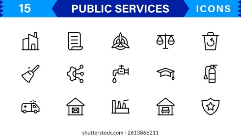 Professional Public Services Icons for Your Digital Projects. This Collection Includes Symbols for Health, Safety, Transportation, and Community Services.