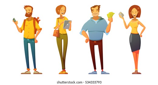 Professional purchaser with tablet analyzing market buyer and customer with cash dressed casually retro cartoon isolated vector illustration     