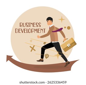Professional Pursuit for Business Development. Businessman running on arrow through obstacles to his goal. 