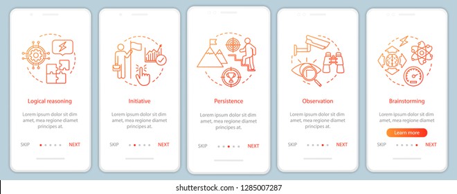 Professional qualities onboarding mobile app screen vector template. HR soft skills walkthrough website steps. Logical reasoning, initiative, brainstorming. UX, UI, GUI smartphone interface concept