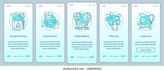 Professional qualities onboarding mobile app page screen vector template. HR soft skills. Imagination, experimenting, reframing. Walkthrough website steps. UX, UI, GUI smartphone interface concept
