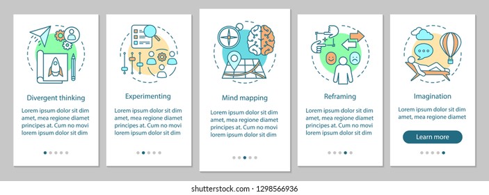 Professional qualities onboarding mobile app page screen vector template. HR soft skills. Imagination, experimenting, mind mapping. Walkthrough website steps. UX, UI, GUI smartphone interface concept