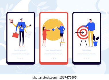 Professional qualities - set of vector web pages for smartphone. Multitasking, time management, targeting webpage, app steps. Employee efficiency and productivity phone interface illustrations