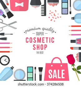 Professional quality cosmetics shop. Woman mobile online shopping. Accessories and cosmetics. Purchases in beautiful wrapped boxes. Organic cosmetics store. Natural products. Flat vector illustration