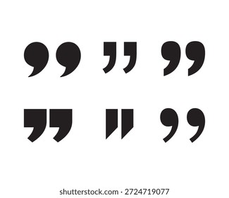 Professional quotation marks icon set featuring quotes, speech marks, and inverted commas. Clean, modern vector symbols ideal for typography design, editorial layouts, websites, blogs, print media, presentations, posters. Fully scalable, high-quality vector icons suitable for both digital and print use. Perfect for designers, publishers, writers, and content creators.