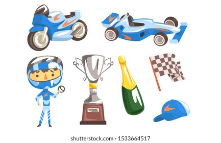 Professional Race Driver with Equipment Set, Winner Cup, Racing Flag, Trophy Cup, Sport Car and Motorcycle, Bottle of Champagne Vector Illustration