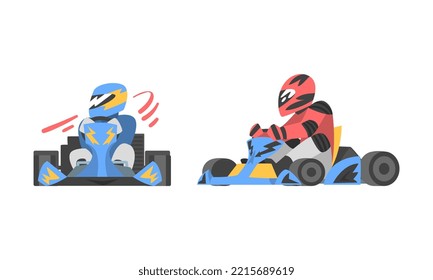 Professional racer in uniform and helmet driving race car set cartoon vector illustration