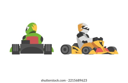 Professional racer in uniform sitting in race car set cartoon vector illustration