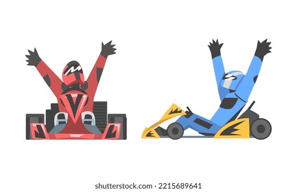 Professional racing driver celebrating victory while sitting in race car set cartoon vector illustration