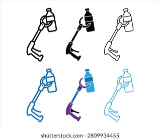 Professional reacher grabber tool set. Icons showing manual litter picker device collecting plastic bottle. Different color variations and line weights for ecological cleanup project illustrations.