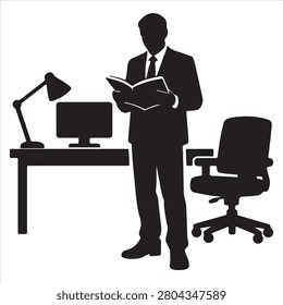 Professional reading at a modern office desk with computer setup