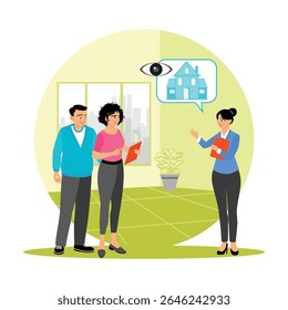 A professional real estate agent conducts a property tour with a couple. The interaction is for making the right decision in the real estate purchasing process. Real estate buying experience concept.