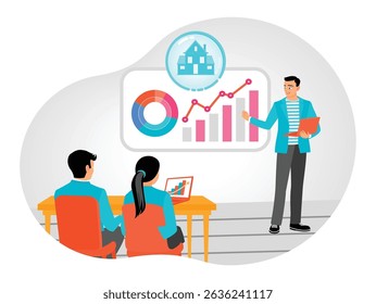 A professional real estate agent explains housing trends to colleagues, showing off data, charts, and property images to support purchasing decisions. Real estate buying experience concept.