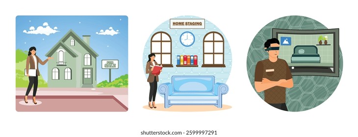 Professional real estate agent presenting a modern house for sale on a sunny day. Woman in a chic office planning home staging. Man wearing a VR headset engaging with virtual environment. 